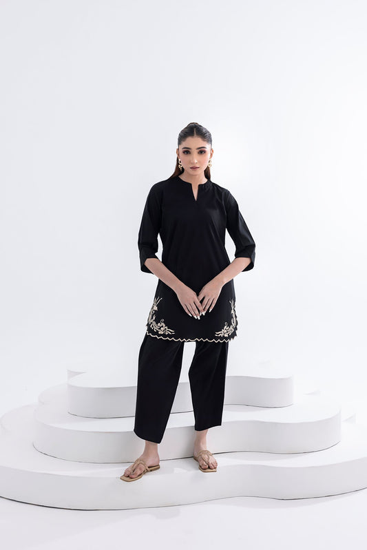 ZARIAH- BLACK COTTON LAWN COORD WITH TULIP SHALWAR