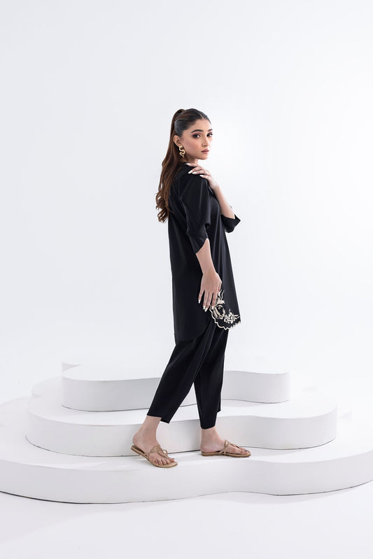 ZARIAH- BLACK COTTON LAWN COORD WITH TULIP SHALWAR