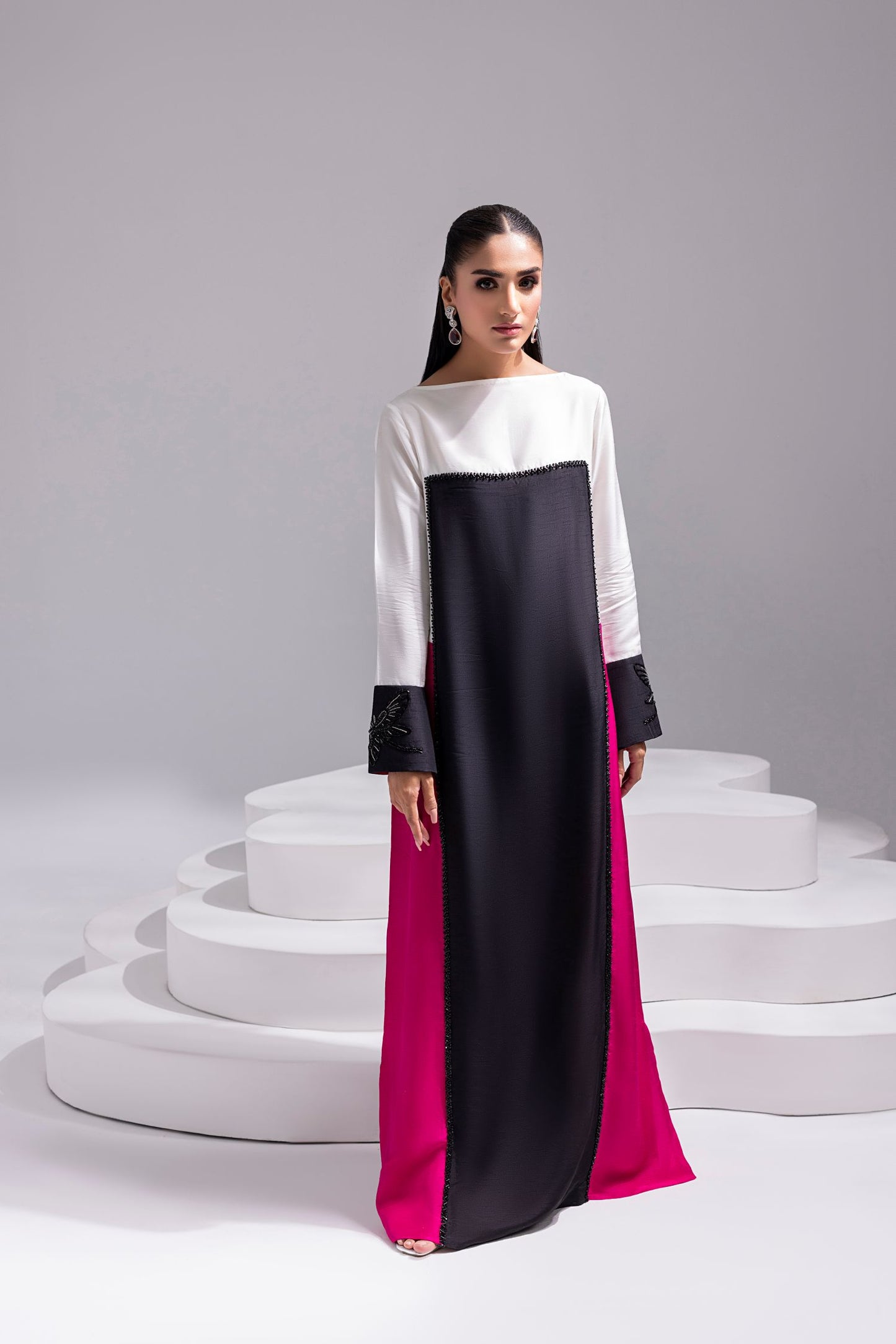 LYRA – Floor-Length Color Block Kaftan in Korean Raw Silk
