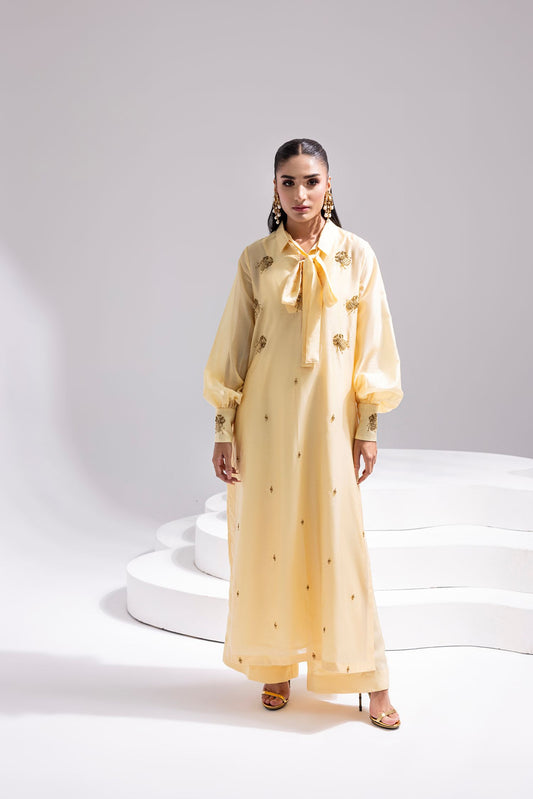 ALARA- Hand Embellished Butter Silk Shirt with Wide-Leg Trousers
