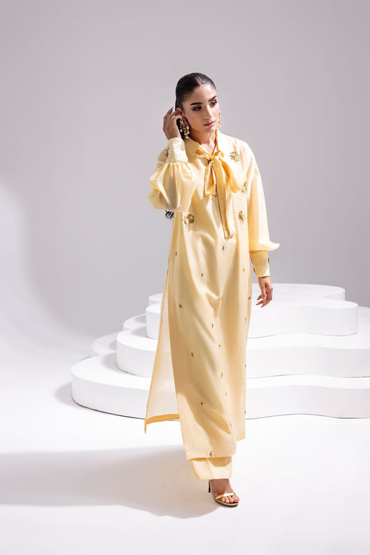 ALARA- Hand Embellished Butter Silk Shirt with Wide-Leg Trousers