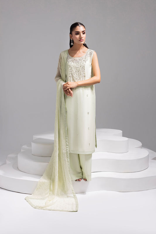 SOLEA – Hand Embroidered Mint Butter Silk Shirt with Viscose Pants & Mukesh Dupatta