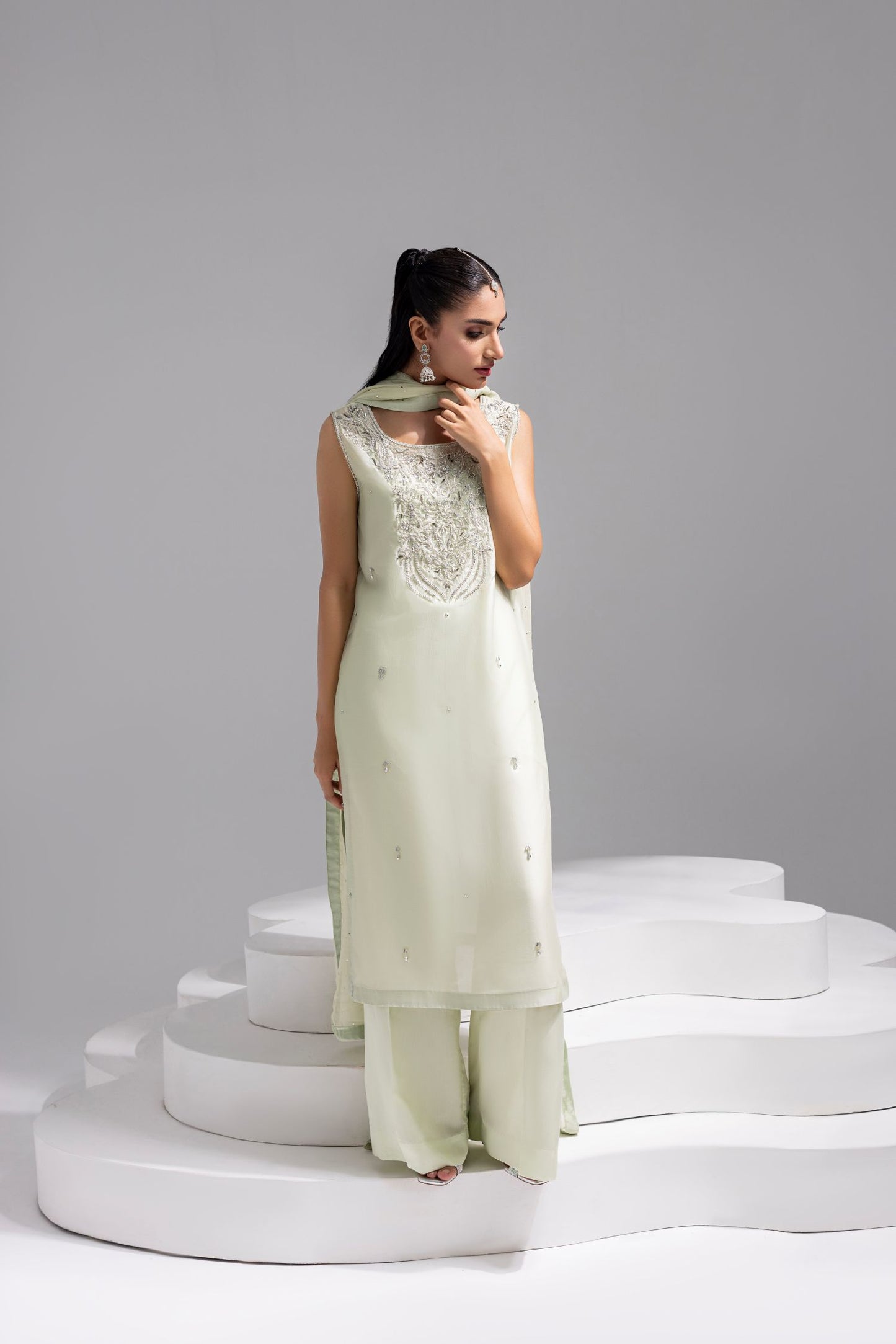 SOLEA – Hand Embroidered Mint Butter Silk Shirt with Viscose Pants & Mukesh Dupatta