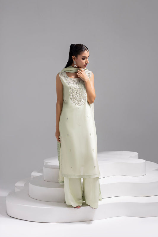SOLEA – Hand Embroidered Mint Butter Silk Shirt with Viscose Pants & Mukesh Dupatta
