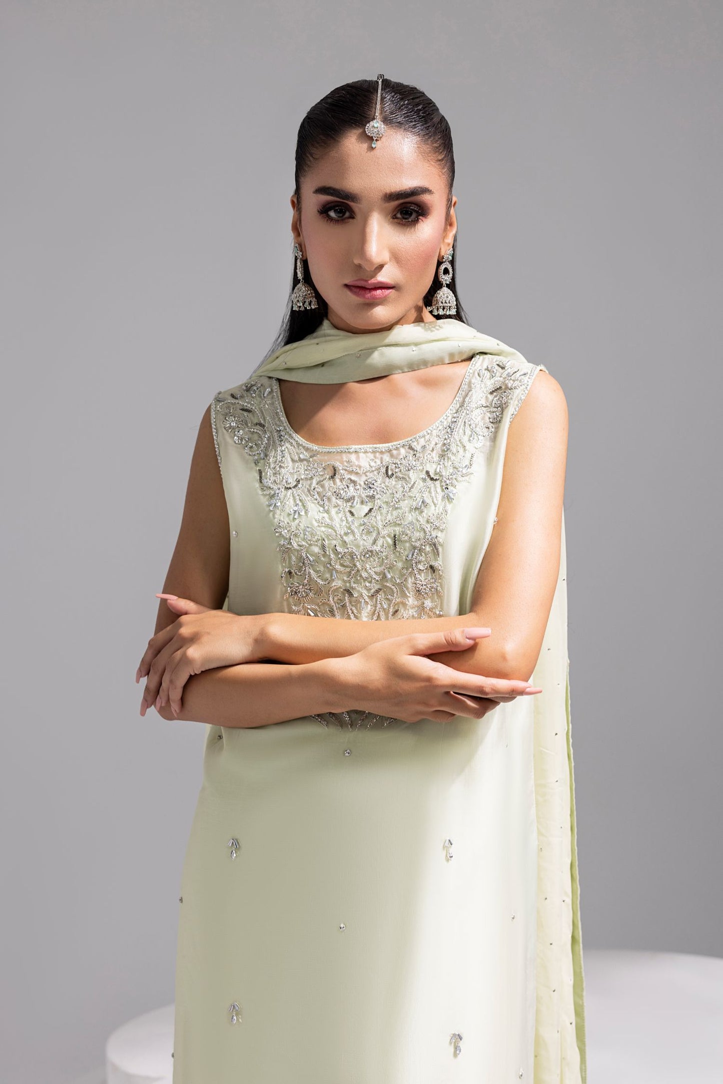 SOLEA – Hand Embroidered Mint Butter Silk Shirt with Viscose Pants & Mukesh Dupatta
