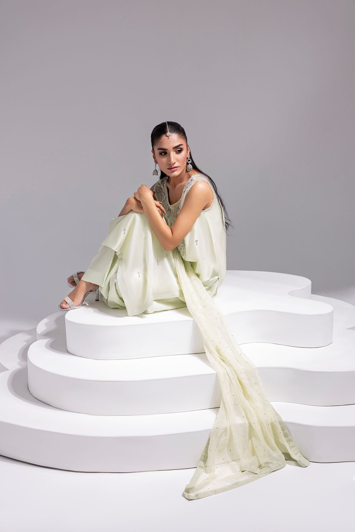 SOLEA – Hand Embroidered Mint Butter Silk Shirt with Viscose Pants & Mukesh Dupatta