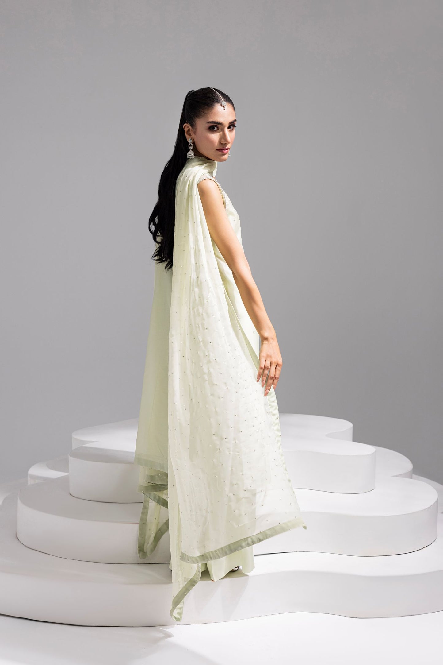 SOLEA – Hand Embroidered Mint Butter Silk Shirt with Viscose Pants & Mukesh Dupatta